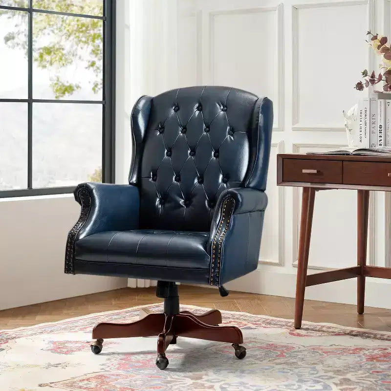 Fauteuil de bureau de direction traditionnel en similicuir avec piétement en bois massif et dossier capitonné
