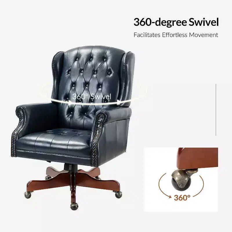 Fauteuil de bureau de direction traditionnel en similicuir avec piétement en bois massif et dossier capitonné