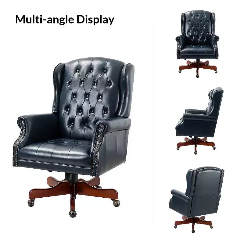 Fauteuil de bureau de direction traditionnel en similicuir avec piétement en bois massif et dossier capitonné