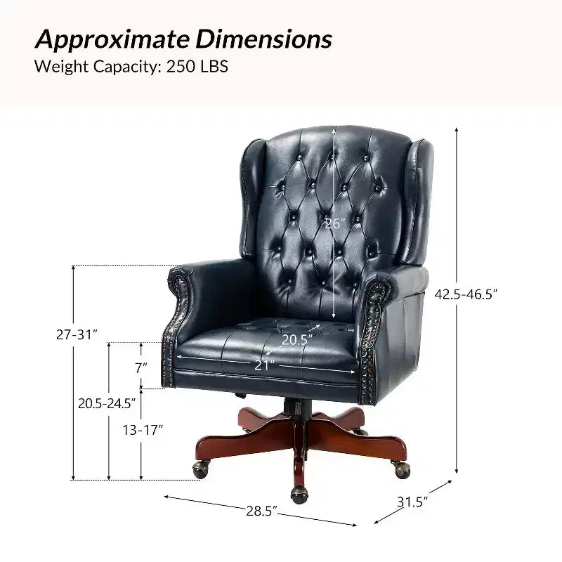 Fauteuil de bureau de direction traditionnel en similicuir avec piétement en bois massif et dossier capitonné