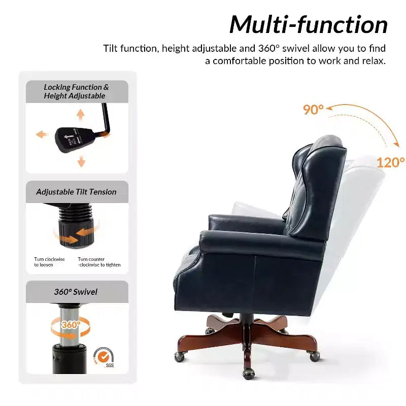 Fauteuil de bureau de direction traditionnel en similicuir avec piétement en bois massif et dossier capitonné