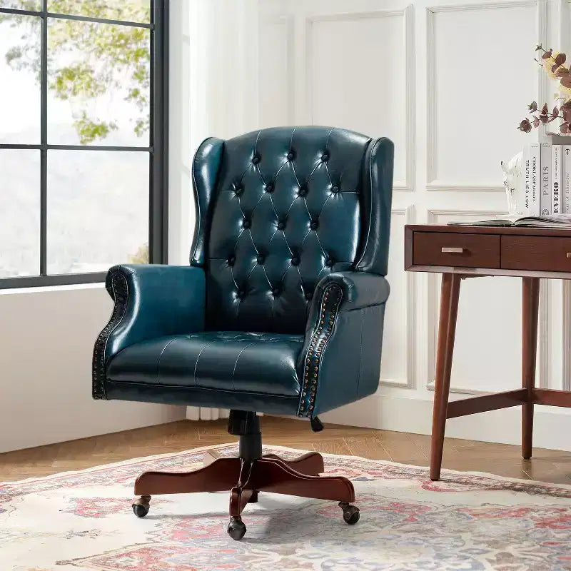 Fauteuil de bureau de direction traditionnel en similicuir avec piétement en bois massif et dossier capitonné