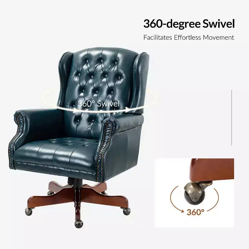 Fauteuil de bureau de direction traditionnel en similicuir avec piétement en bois massif et dossier capitonné