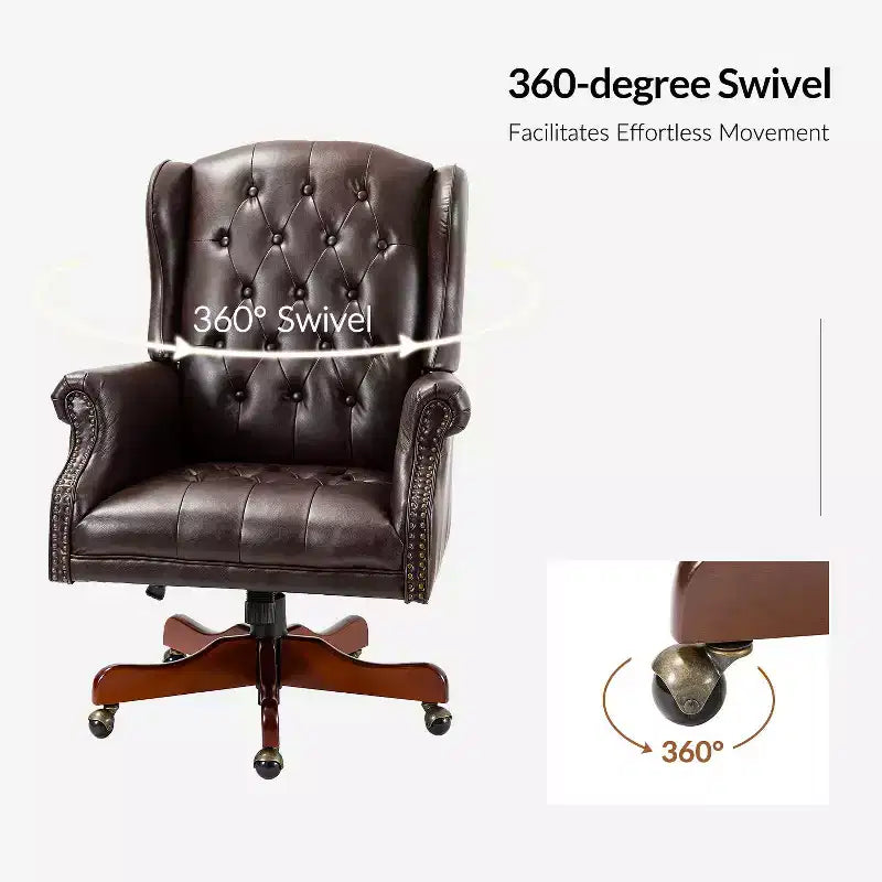 Fauteuil de bureau de direction traditionnel en similicuir avec piétement en bois massif et dossier capitonné