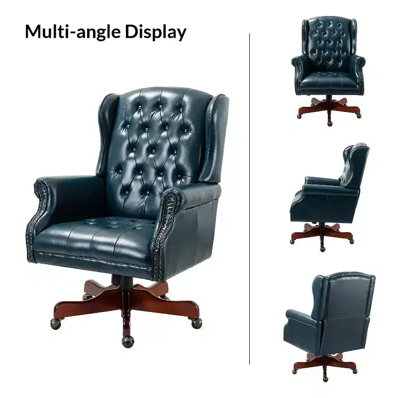 Fauteuil de bureau de direction traditionnel en similicuir avec piétement en bois massif et dossier capitonné
