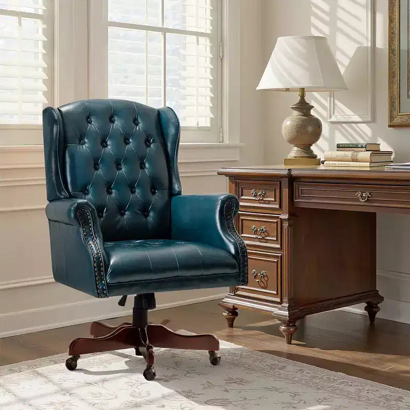 Fauteuil de bureau de direction traditionnel en similicuir avec piétement en bois massif et dossier capitonné