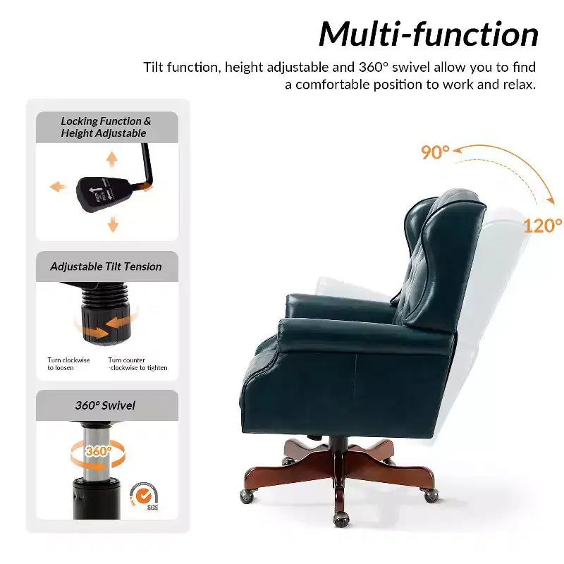 Fauteuil de bureau de direction traditionnel en similicuir avec piétement en bois massif et dossier capitonné