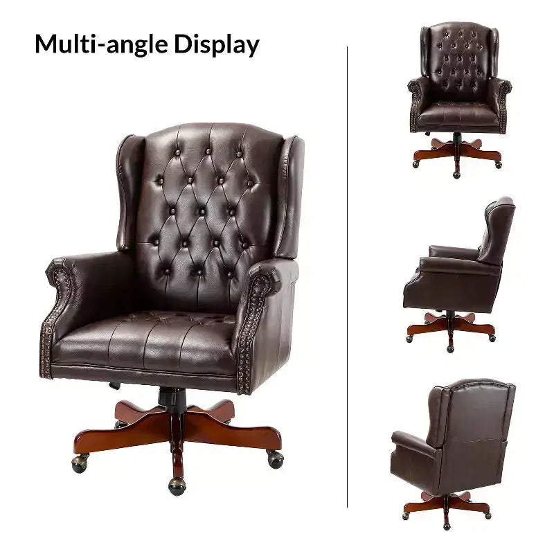 Fauteuil de bureau de direction traditionnel en similicuir avec piétement en bois massif et dossier capitonné
