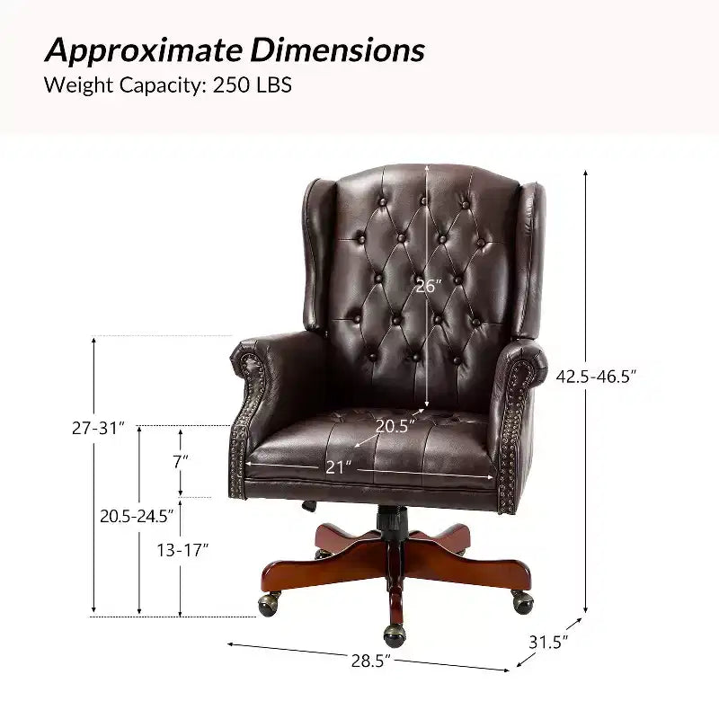 Fauteuil de bureau de direction traditionnel en similicuir avec piétement en bois massif et dossier capitonné