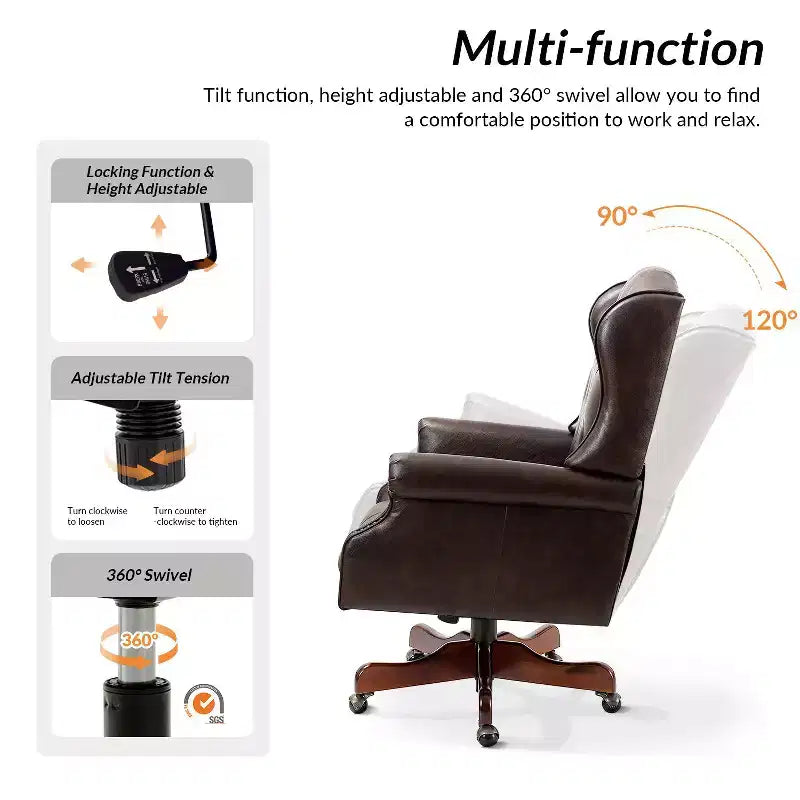 Fauteuil de bureau de direction traditionnel en similicuir avec piétement en bois massif et dossier capitonné