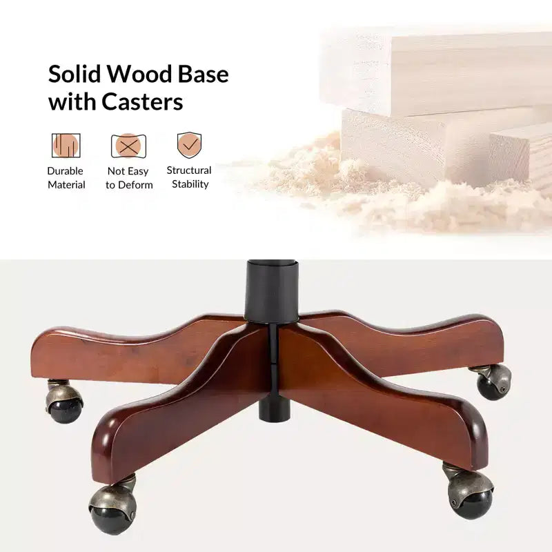 Fauteuil de bureau de direction traditionnel en similicuir avec piétement en bois massif et dossier capitonné