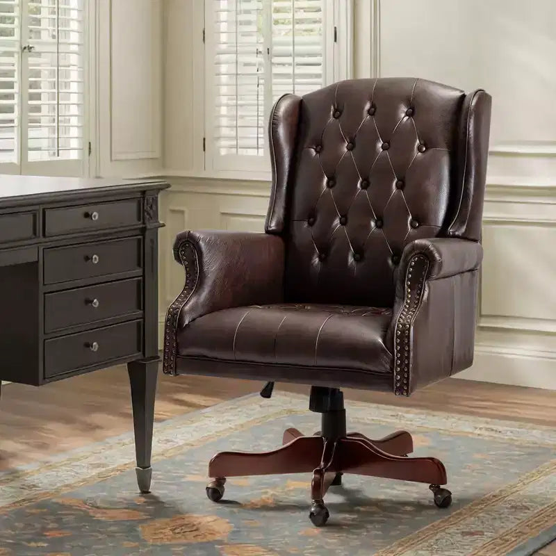 Amadeo Traditional Faux Leather Executive Chair with Solid Wood Base and Tufted Back|HULALA HOME