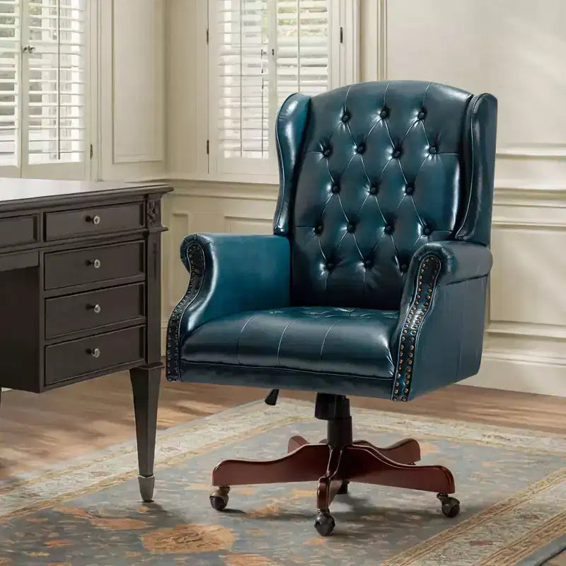 Fauteuil de bureau de direction traditionnel en similicuir avec piétement en bois massif et dossier capitonné