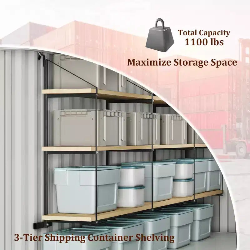 Supports d'étagères pour conteneurs maritimes, lot de 2, 3 niveaux, 500 kg, type à suspendre et à crochet, étagères de rangement pour conteneurs de marchandises, faciles à installer et amovibles, robustes
