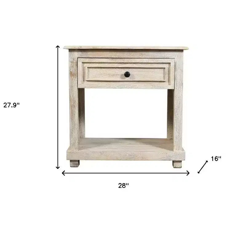 Table de chevet 28" en bois massif blanc vieilli avec un tiroir