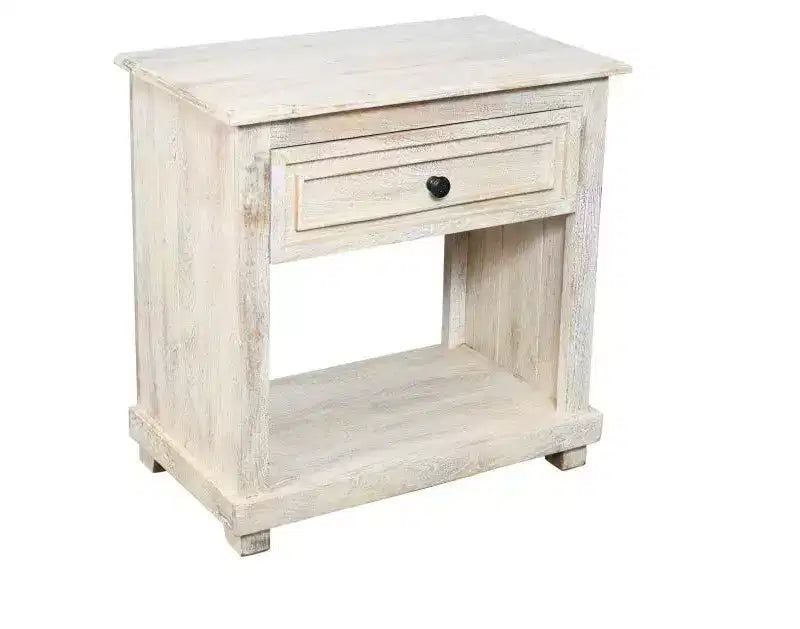 Table de chevet 28" en bois massif blanc vieilli avec un tiroir