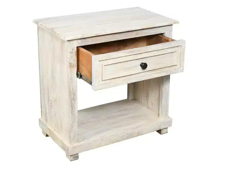 Table de chevet 28" en bois massif blanc vieilli avec un tiroir