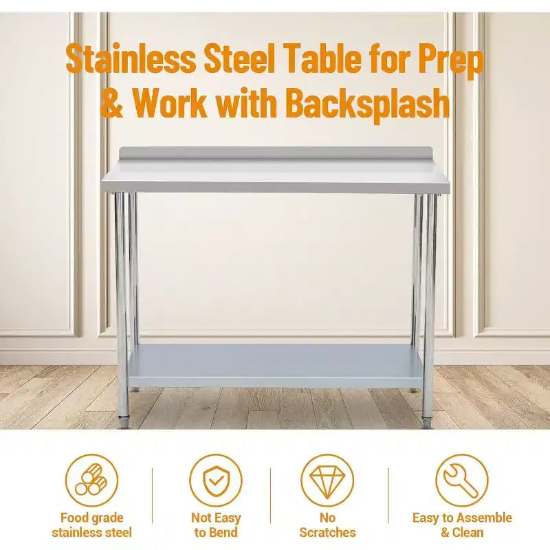 Table de préparation en acier inoxydable de 81x61 cm avec étagère de rangement, surface facile à nettoyer et montage rapide pour cuisine, boulangerie ou camion de restauration
