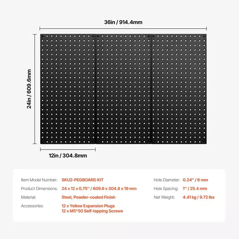 Panneaux perforés métalliques, 60x30cm, 3 panneaux, organisateur mural en acier robuste, noir