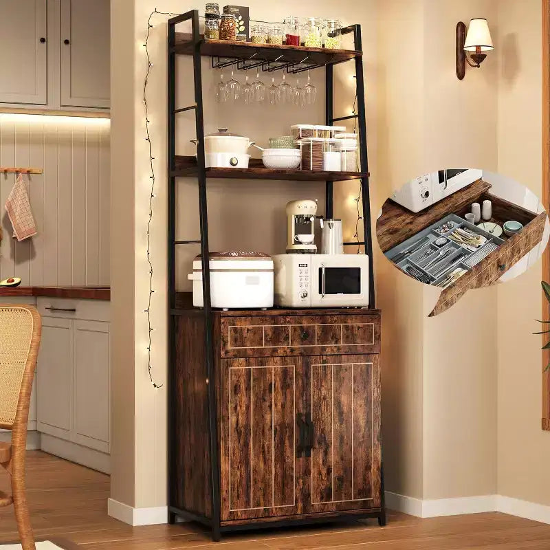 COZONY 71 Bakers Rack with Drawer & Cabinet, 5-Tier Microwave Stand with Glass Holder, Tall Industrial Kitchen Coffee Bar, Vintage