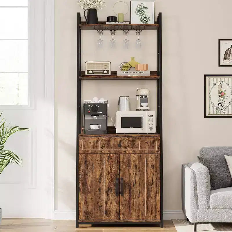 Étagère de Boulanger 71 avec Tiroir et Armoire, Support Micro-ondes à 5 Niveaux avec Porte-Verres, Bar à Café de Cuisine Industriel Haut, Vintage