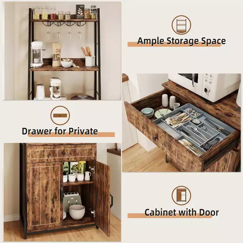 Étagère de Boulanger 71 avec Tiroir et Armoire, Support Micro-ondes à 5 Niveaux avec Porte-Verres, Bar à Café de Cuisine Industriel Haut, Vintage