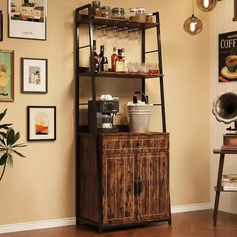 Étagère de Boulanger 71 avec Tiroir et Armoire, Support Micro-ondes à 5 Niveaux avec Porte-Verres, Bar à Café de Cuisine Industriel Haut, Vintage