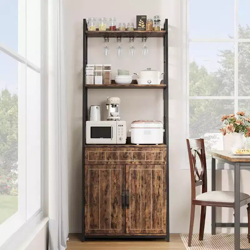 Étagère de Boulanger 71 avec Tiroir et Armoire, Support Micro-ondes à 5 Niveaux avec Porte-Verres, Bar à Café de Cuisine Industriel Haut, Vintage