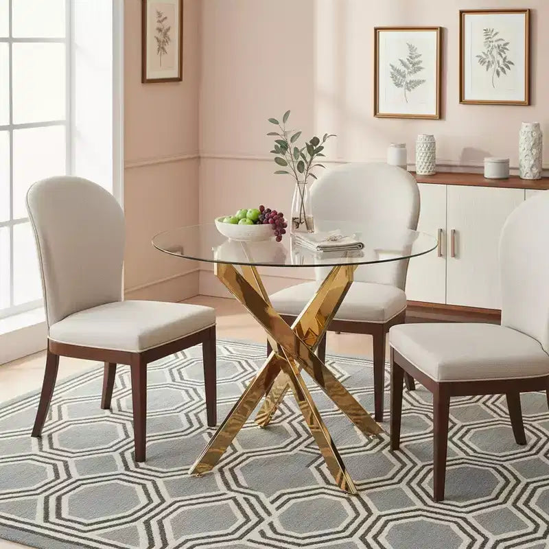 Homy Casa Round Glass Dining Table, Clear Top with Gold Metal Base, Small Space, Holiday Gathering, Clear and Gold