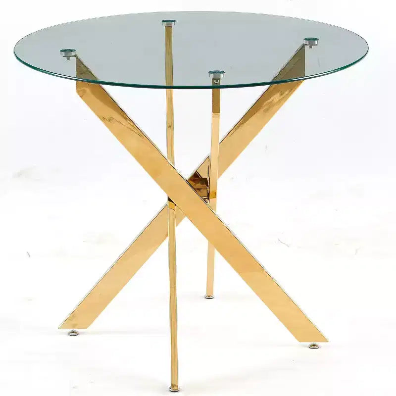 Table à manger ronde en verre, plateau transparent avec base en métal doré, petit espace, réunion de famille, transparent et or