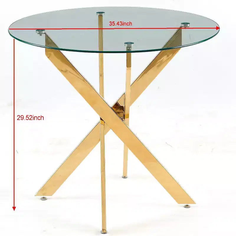 Table à manger ronde en verre, plateau transparent avec base en métal doré, petit espace, réunion de famille, transparent et or