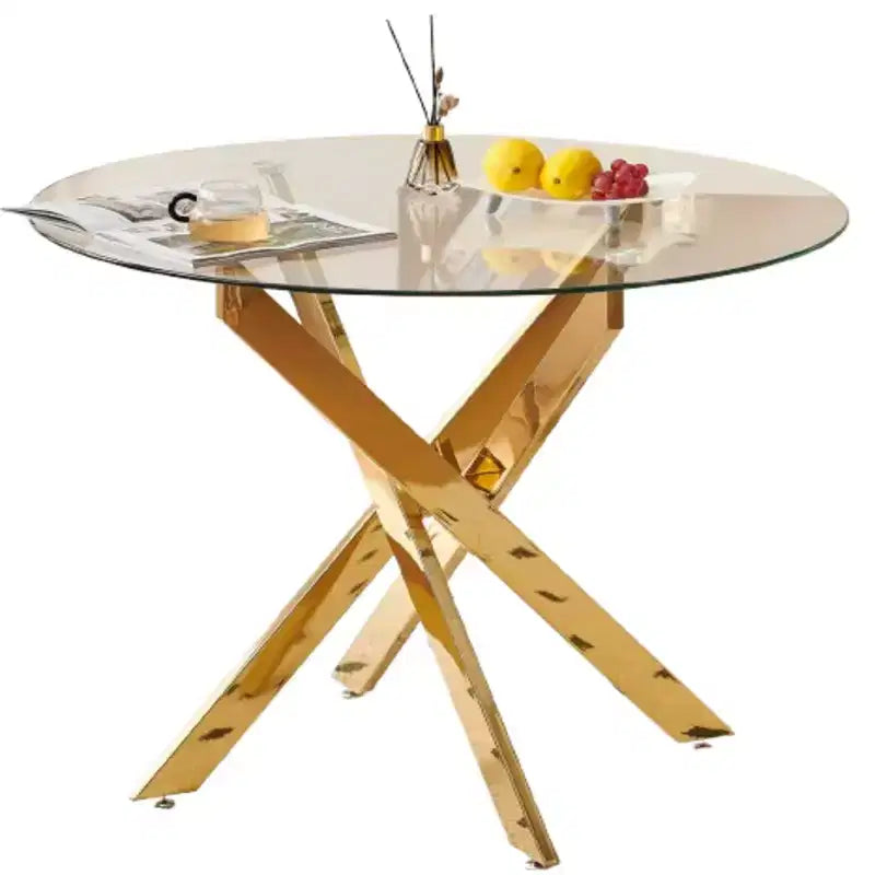 Table à manger ronde en verre, plateau transparent avec base en métal doré, petit espace, réunion de famille, transparent et or