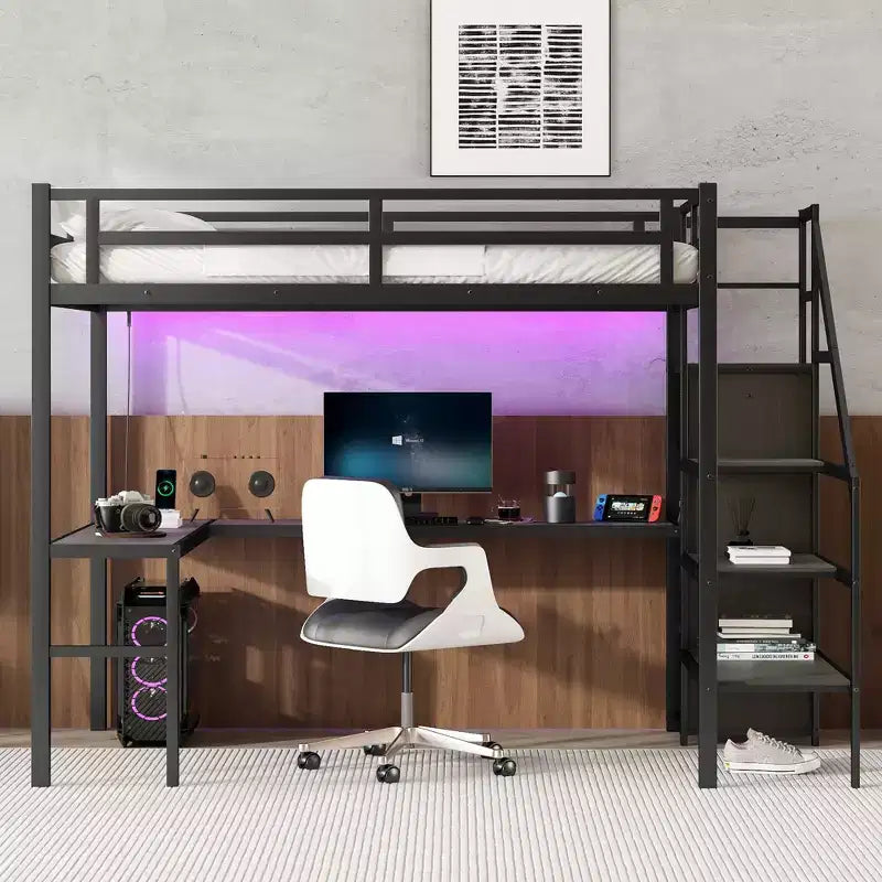 Bellemave Full XL Size Loft Bed with L-shaped Desk and USB, with Wardrobe and Adjustable Shelf, High Loft Bed with LED for Kids Teens Adults, Black