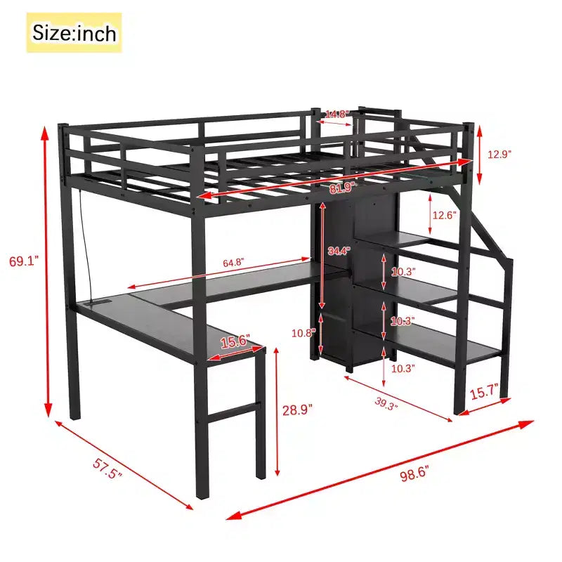 Lit mezzanine pleine taille XL avec bureau en L et port USB, avec armoire et étagère réglable, lit mezzanine haut avec LED pour enfants, adolescents et adultes, noir