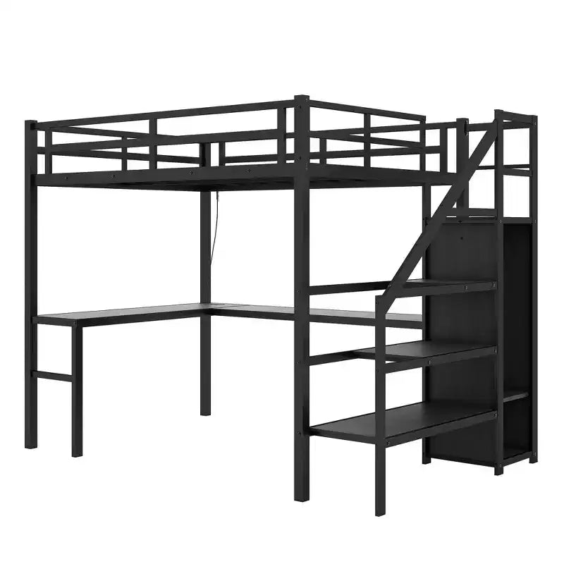 Lit mezzanine pleine taille XL avec bureau en L et port USB, avec armoire et étagère réglable, lit mezzanine haut avec LED pour enfants, adolescents et adultes, noir