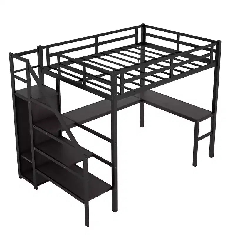 Lit mezzanine pleine taille XL avec bureau en L et port USB, avec armoire et étagère réglable, lit mezzanine haut avec LED pour enfants, adolescents et adultes, noir
