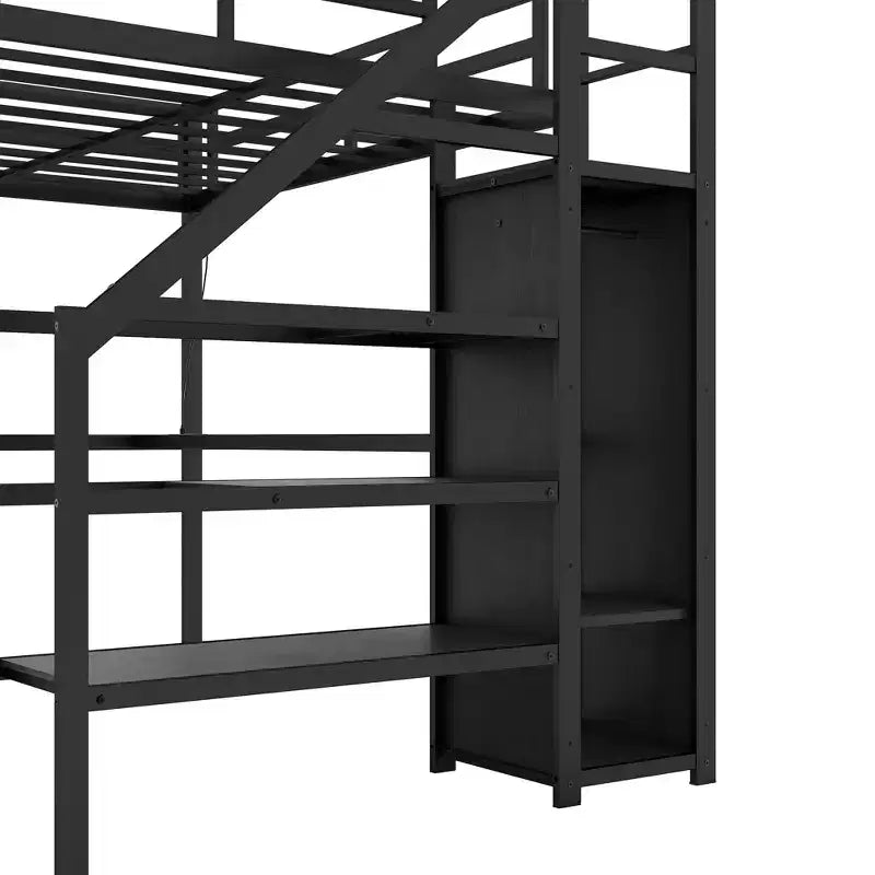 Lit mezzanine pleine taille XL avec bureau en L et port USB, avec armoire et étagère réglable, lit mezzanine haut avec LED pour enfants, adolescents et adultes, noir