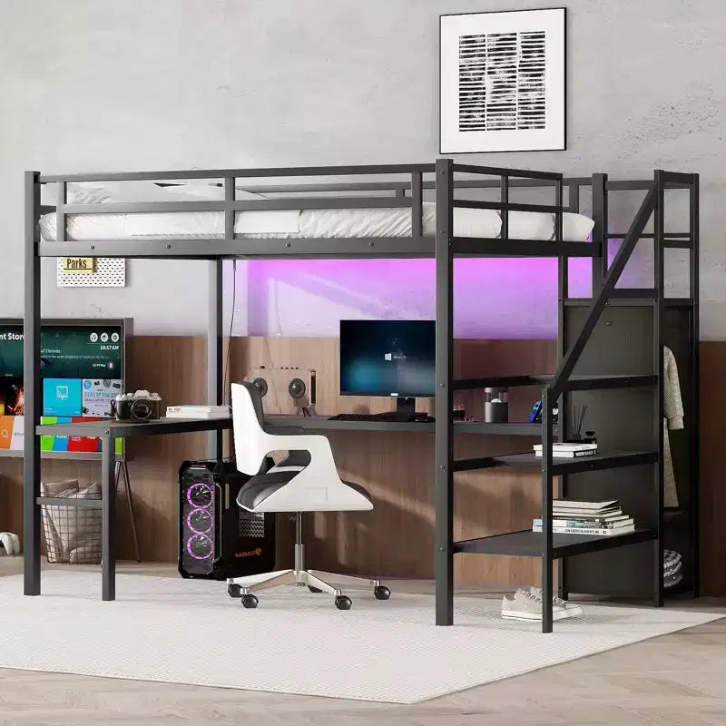 Lit mezzanine pleine taille XL avec bureau en L et port USB, avec armoire et étagère réglable, lit mezzanine haut avec LED pour enfants, adolescents et adultes, noir