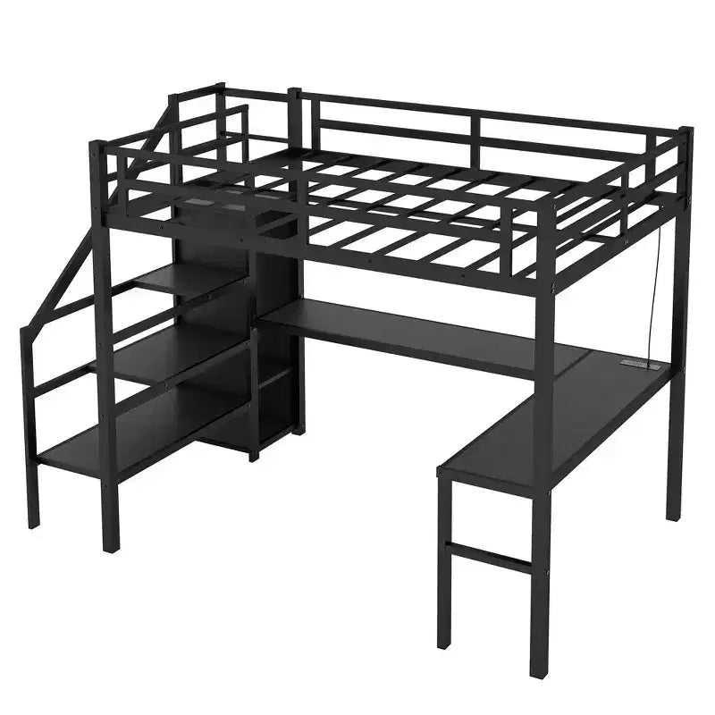 Lit mezzanine pleine taille XL avec bureau en L et port USB, avec armoire et étagère réglable, lit mezzanine haut avec LED pour enfants, adolescents et adultes, noir