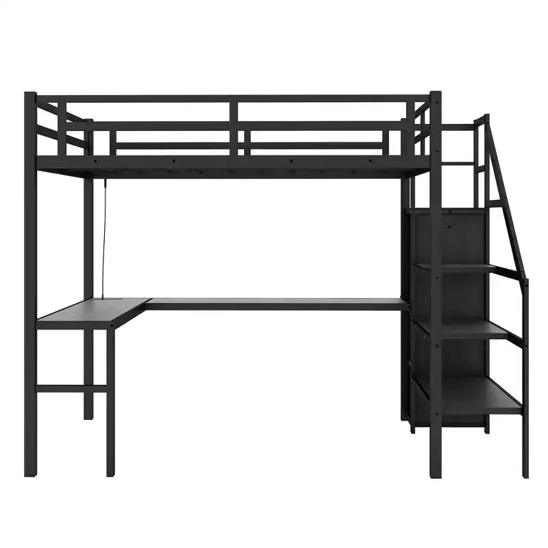 Lit mezzanine pleine taille XL avec bureau en L et port USB, avec armoire et étagère réglable, lit mezzanine haut avec LED pour enfants, adolescents et adultes, noir
