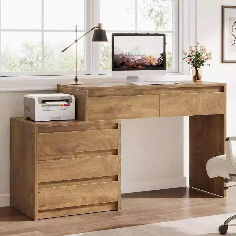 Lantine Computer Desk with 5 Drawers, Wood Executive Desk with File Cabinet and Printer Stand for Home Office, Small Spaces