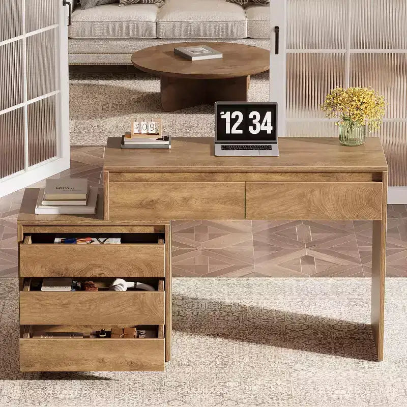 Bureau d'ordinateur avec 5 tiroirs, bureau de direction en bois avec classeur et support d'imprimante pour bureau à domicile, petits espaces
