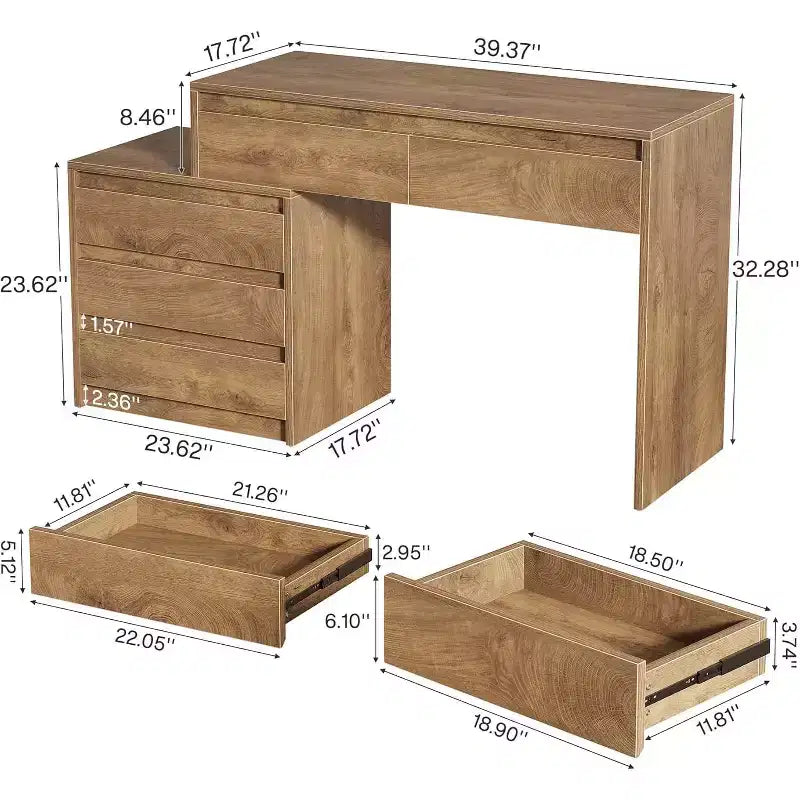 Bureau d'ordinateur avec 5 tiroirs, bureau de direction en bois avec classeur et support d'imprimante pour bureau à domicile, petits espaces
