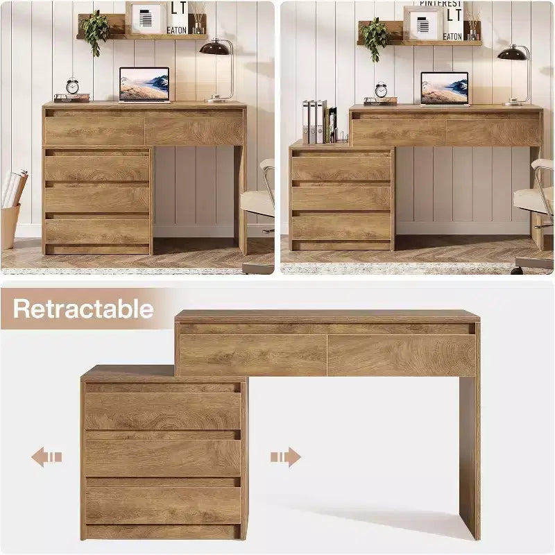 Bureau d'ordinateur avec 5 tiroirs, bureau de direction en bois avec classeur et support d'imprimante pour bureau à domicile, petits espaces