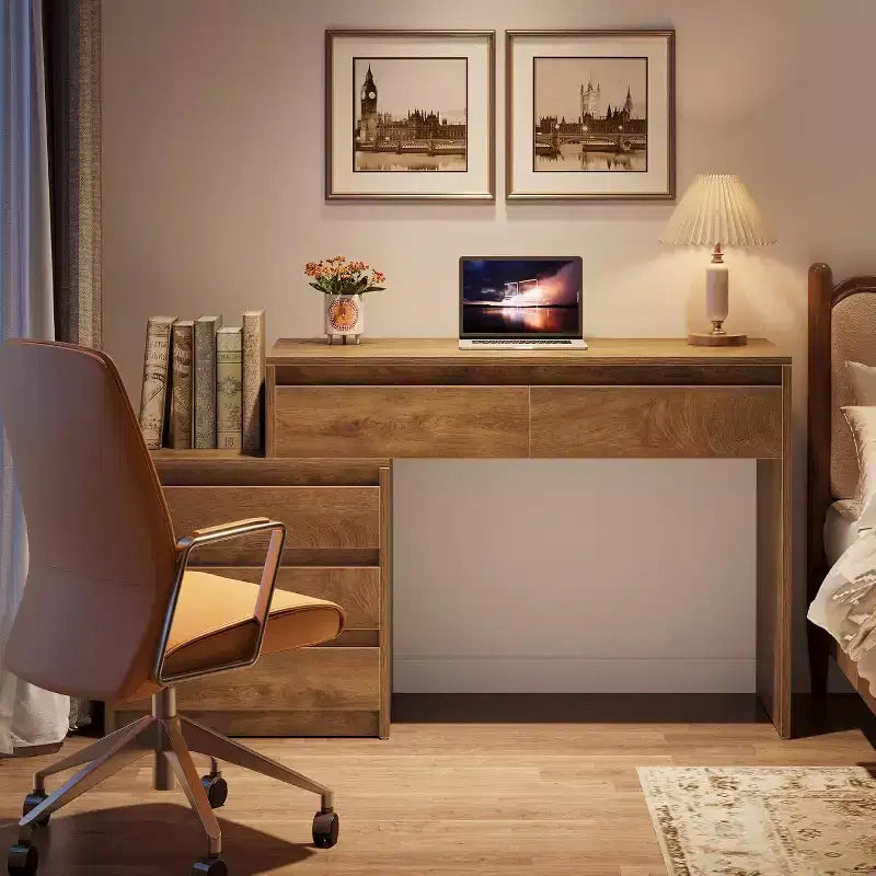 Bureau d'ordinateur avec 5 tiroirs, bureau de direction en bois avec classeur et support d'imprimante pour bureau à domicile, petits espaces
