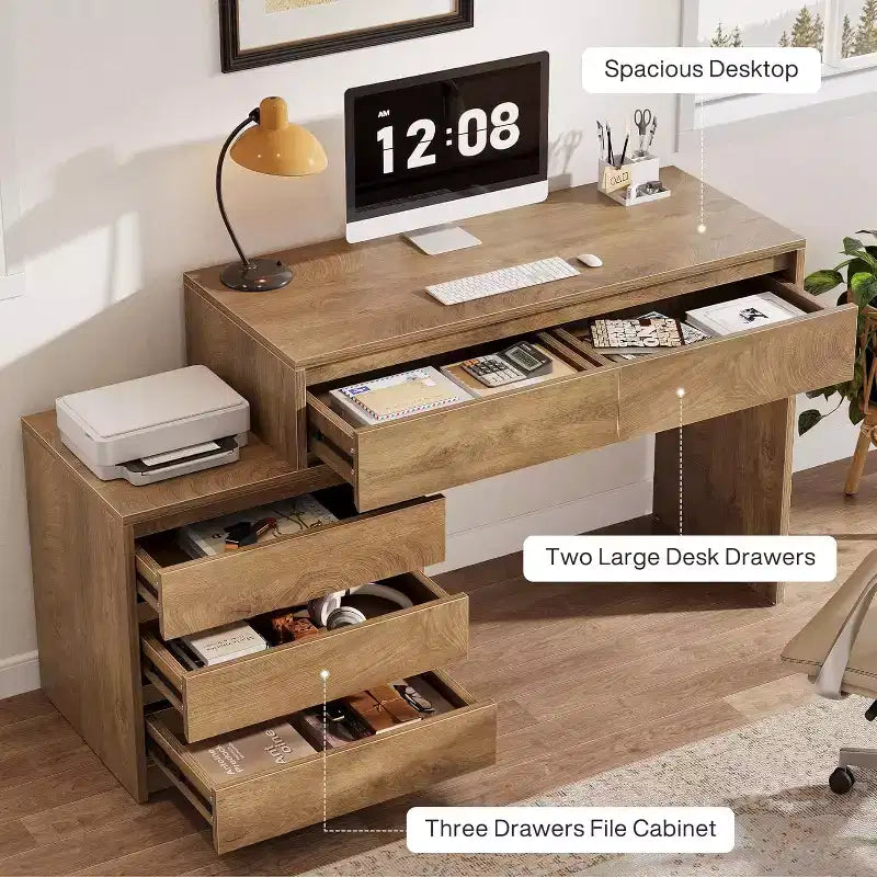 Bureau d'ordinateur avec 5 tiroirs, bureau de direction en bois avec classeur et support d'imprimante pour bureau à domicile, petits espaces