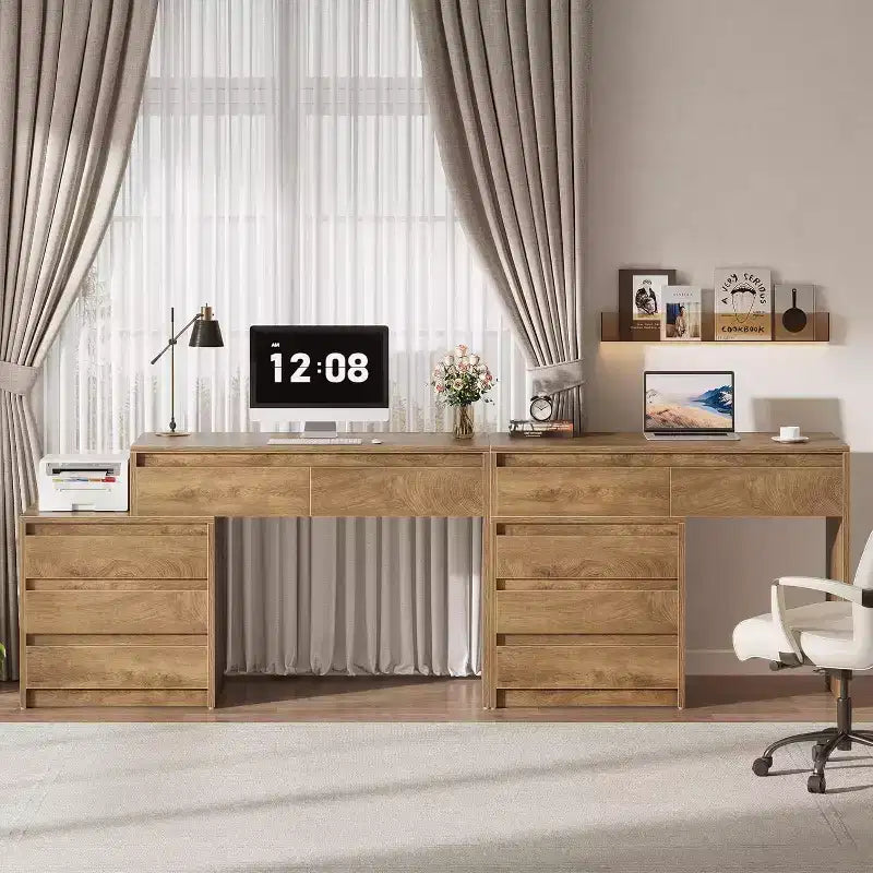Bureau d'ordinateur avec 5 tiroirs, bureau de direction en bois avec classeur et support d'imprimante pour bureau à domicile, petits espaces
