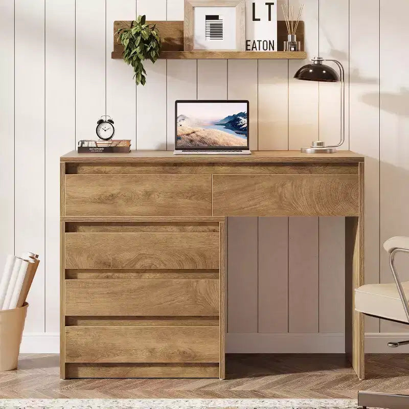 Bureau d'ordinateur avec 5 tiroirs, bureau de direction en bois avec classeur et support d'imprimante pour bureau à domicile, petits espaces