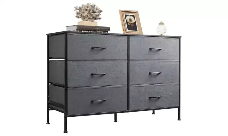 DEXYLLO Dresser for Bedroom with 6 Drawers, Wide Dresser TV Stand for 50 Inches TV, Gray Dresser with Metal Frame, Wooden Top, Dark Gray