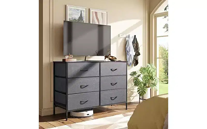Commode de chambre à 6 tiroirs, meuble TV large pour téléviseur de 50 pouces, commode grise avec cadre en métal, dessus en bois, gris foncé